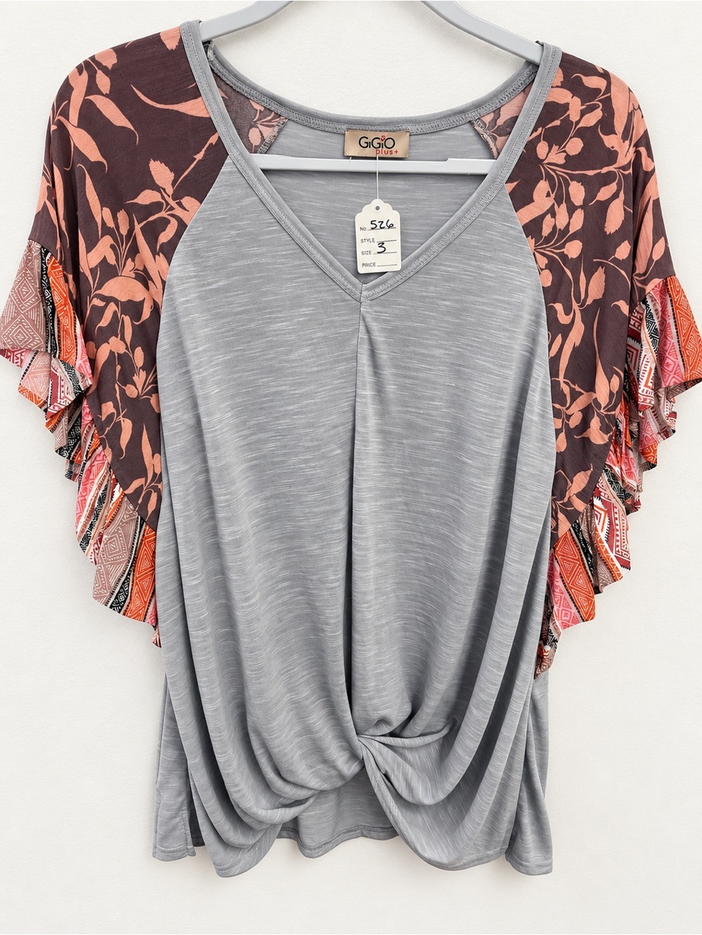 GiGiO Plus Size Gray V-Neck Top with Floral Ruffle Sleeves